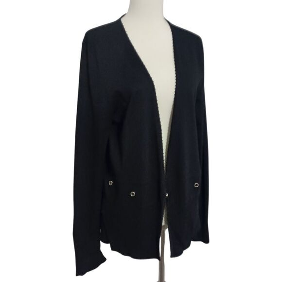 Carducci Cardigan XL Sweater Black Rib Knit Long Sleeve Beaded Neckline Grommets - Picture 3 of 16